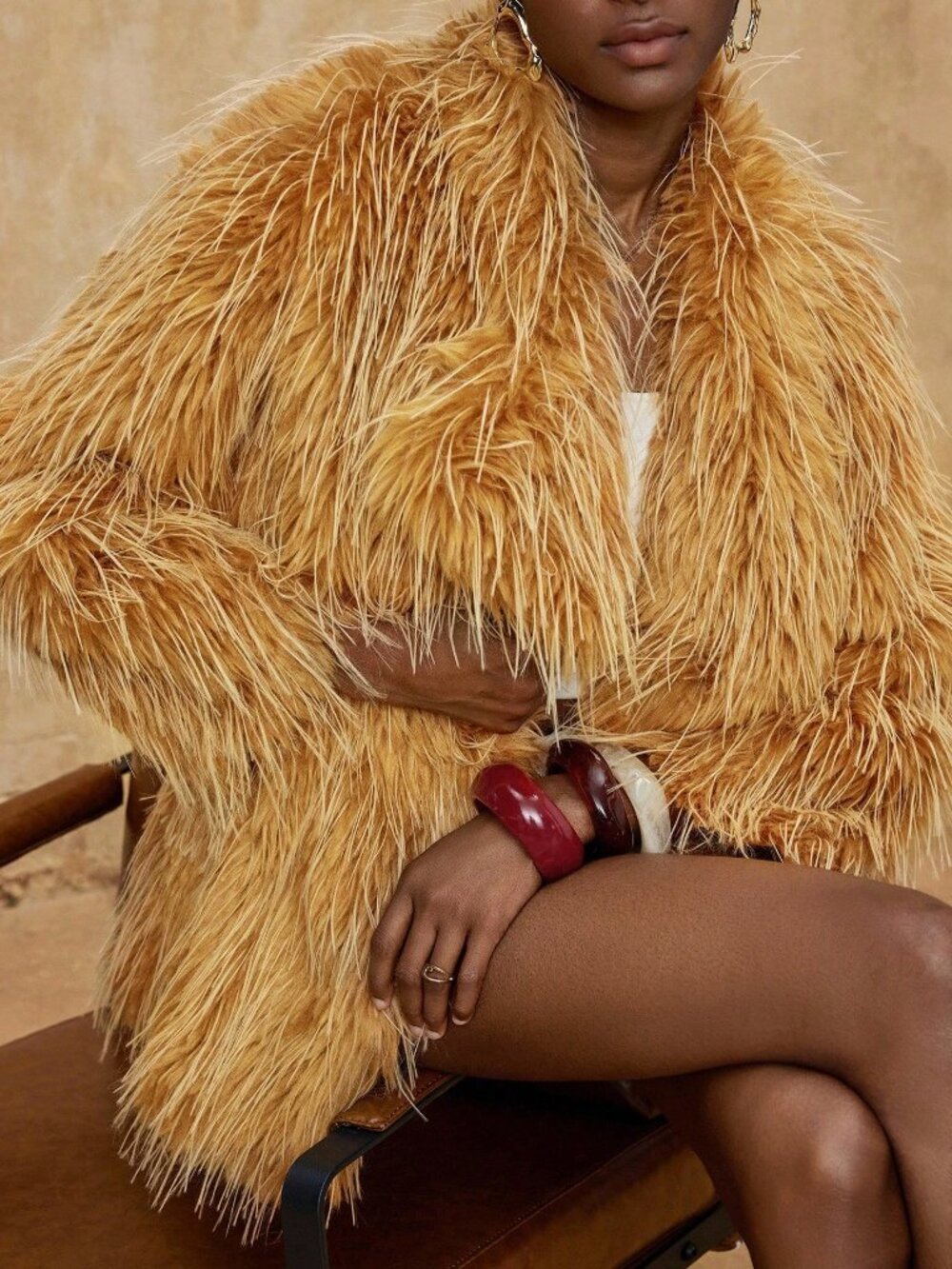 Orange Casual Women's Faux Fur Coat